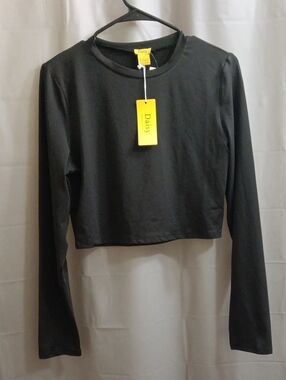 Daisy Black Long Sleeve Cropped Tee - Crew Neck